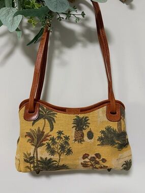 Vintage Tommy Bahama Tropical Tapestry Shoulder Bag Palm Tree Leather Trim